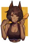  1girl absurdres animal_ears bangs bare_shoulders black_choker black_hair black_sports_bra border breasts choker cleavage collarbone cropped_torso dark-skinned_female dark_skin dog_ears earrings food hands_up highres holding holding_food hot jewelry looking_at_viewer medium_breasts mole mole_under_mouth open_mouth original outside_border popsicle short_hair simple_background solo sports_bra stoll_(tmxhf) striped striped_choker sweat swept_bangs teeth thick_eyebrows upper_body vertical_stripes white_border white_stripes yellow_background yellow_eyes 