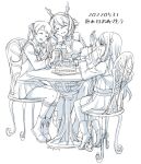  3girls breasts cake cellphone chair closed_eyes food glass headgear kantai_collection kgsm94 large_breasts lineart long_hair mikuma_(kancolle) monochrome multiple_girls mutsu_(kancolle) mutsu_kai_ni_(kancolle) naganami_(kancolle) naganami_kai_ni_(kancolle) one-hour_drawing_challenge phone pleated_skirt school_uniform serafuku short_hair sitting skirt table trait_connection twintails 