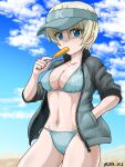  adapted_costume bikini blonde_hair blue_bikini blue_eyes blue_headwear breasts cleavage collarbone commentary emblem food food_in_mouth girls_und_panzer hand_in_pocket highres holding holding_food ice_cream jacket keizoku_(emblem) large_breasts looking_at_viewer navel nspa_(spa-jcs) open_clothes open_jacket short_hair swimsuit track_jacket twitter_username visor_cap youko_(girls_und_panzer) zipper 
