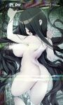  1girl absurdres ass black_hair breasts censored completely_nude from_behind hair_over_eyes highres large_breasts long_hair nude open_mouth pale_skin screen sideboob slugbox solo sweat the_ring tongue tongue_out very_long_hair yamamura_sadako 