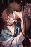  2boys bangs belial_(granblue_fantasy) black_hair black_jacket blue_shirt brown_eyes brown_hair doctor doctor_(granblue_fantasy) face_grab feather_boa flower gran_(granblue_fantasy) granblue_fantasy hand_on_another&#039;s_face highres incoming_kiss jacket labcoat lalatia-meai large_pectorals looking_at_another male_focus mask mask_pull mouth_mask multiple_boys muscular muscular_male off_shoulder pectorals red_flower red_rose revealing_clothes rose shirt short_hair thorns yaoi 