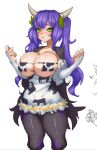  bangs black_cape black_legwear breasts cape cleavage clothes_pull cow_horns cowboy_shot cropped_legs dress dress_pull green_eyes highres horns huge_breasts indie_virtual_youtuber long_hair long_sleeves looking_at_viewer makinakid off-shoulder_dress off_shoulder pantyhose purple_hair romolla shiny shiny_skin short_dress sidelocks simple_background skindentation thick_thighs thighs twintails underboob very_long_hair virtual_youtuber white_background white_dress 