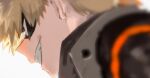  1boy akiyama_youkou bakugou_katsuki black_mask blonde_hair blurry boku_no_hero_academia close-up commentary eye_mask from_side grin highres male_focus mask red_eyes short_hair simple_background sketch smile solo solo_focus spiked_hair teeth white_background 