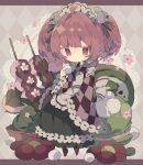  1girl bell brown_eyes closed_mouth flower frilled_sleeves frills full_body hair_bell hair_ornament highres jingle_bell long_sleeves motoori_kosuzu nikorashi-ka one-hour_drawing_challenge red_flower red_hair short_hair solo touhou twintails wide_sleeves 