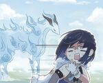  1girl animalization bangs bare_shoulders black_hair black_horns blue_fur blue_sky blunt_bangs bob_cut chinese_clothes closed_eyes cloud cloudy_sky diagonal_bangs fleeing ganyu_(genshin_impact) genshin_impact highres horns looking_back mountainous_horizon outdoors qilin_(mythology) running sky xinzoruo yelan_(genshin_impact) 