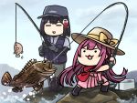  2girls alternate_costume black_gloves black_hair black_vest blue_sky chibi cloud commentary_request day fish fishing gloves haguro_(kancolle) hair_ornament hakama hat japanese_clothes kamikaze_(kancolle) kantai_collection kimono meiji_schoolgirl_uniform multiple_girls outdoors pink_hakama purple_hair red_kimono short_hair sky sun_hat tomoyo_kai vest 