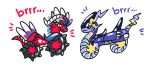  2022 agui-chart_(artist) ambiguous_gender duo feathers horn koraidon legendary_duo legendary_pok&eacute;mon miraidon motorcycle multicolored_body nintendo pok&eacute;mon pok&eacute;mon_(species) purple_body red_body scales simple_background text vehicle video_games 