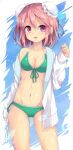  1girl ass_visible_through_thighs bandaged_arm bandages bikini breasts bun_cover cardigan cowboy_shot double_bun eyebrows_visible_through_hair front-tie_bikini front-tie_top green_bikini highres ibaraki_kasen looking_at_viewer nail_polish navel open_cardigan open_clothes open_mouth pink_eyes pink_hair solo swimsuit touhou uumaru white_cardigan 