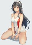  1girl bare_arms bare_legs bare_shoulders barefoot black_hair blush brown_eyes closed_mouth collarbone competition_swimsuit grey_background hair_between_eyes hair_ornament hairclip haruna_(kancolle) highres kantai_collection kasumi_(skchkko) long_hair one-piece_swimsuit simple_background sitting smile solo swimsuit wariza wet white_swimsuit 