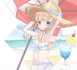  1girl blue_eyes blush cup dot_nose drinking_glass drinking_straw food fruit fujina_(fujina31q) hand_on_headwear hat highres lemon lemon_slice ocean original solo straw_hat summer tagme twintails 