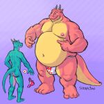  anthro belly big_belly boyfriends bulky chubby_belly clothing dragon duo gesture hi_res horn kaiju male male/male moobs muscular overweight overweight_male pointing scalie sertralion size_difference smile turned_on underwear welcoming 
