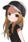  1girl bangs baseball_cap black_headwear black_shirt brown_eyes brown_hair closed_mouth commentary_request forehead hat highres karakai_jouzu_no_takagi-san long_hair looking_at_viewer official_art parted_bangs shirt short_sleeves simple_background smile solo takagi-san upper_body white_background yamamoto_souichirou 