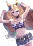  1girl animal_ears armpits arms_up bandeau bangs bare_arms bare_shoulders belt black_belt black_choker blonde_hair blue_bow blue_eyes bow breasts choker cleavage commentary cowboy_shot cutoffs denim denim_shorts ear_bow eyebrows_visible_through_hair gloves gold_city_(umamusume) highres horse_ears long_hair looking_at_viewer midriff nail_polish navel neo_(tyottama) orange_nails short_shorts shorts simple_background single_glove smile solo standing stomach strapless striped_bandeau tube_top umamusume white_background white_gloves 