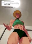  1girl abs brown_eyes brown_hair cowboy_shot english_text erskyee highres meme mildly_muscular_women_think_they&#039;re_gods_(meme) muscular muscular_female no_mouth no_nose persona persona_4 satonaka_chie sports_bra sportswear standing thick_thighs thighs 