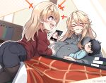  1boy 2girls ambiguous_gender black_hair blonde_hair blush book breasts buttons cellphone child closed_eyes commission family glasses grey_shirt hair_ornament hairclip highres huge_breasts iowa_(kancolle) kantai_collection konoshige_(ryuun) kotatsu long_hair looking_at_another messy_hair mother_and_child mother_and_daughter multiple_girls open_mouth pantyhose phone red-framed_eyewear shirt short_hair sidelocks skeb_commission smartphone table taking_picture 