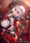  1girl bangs black_legwear bouquet cape essual_(layer_world) gilzaren_iii grin highres jewelry looking_at_viewer necklace nijisanji official_art pointy_ears red_eyes short_hair smile solo thighhighs virtual_youtuber white_hair 