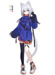  1girl :o animal_ears bad_link bangs black_legwear blue_coat blush cat_ears cat_tail chorefuji coat color_guide commentary_request eyebrows_visible_through_hair full_body highres long_hair long_sleeves looking_at_viewer orange_eyes original shoes single_thighhigh sleeves_past_wrists sneakers solo standing tail thighhighs white_footwear white_hair 