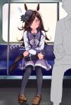  1boy 1girl animal_ears bag black_hair commentary_request ground_vehicle hair_between_eyes highres horse_ears horse_tail rice_shower_(umamusume) school_bag school_uniform sitting solo_focus stomach_growling tail thighhighs tiara_(871220) tracen_school_uniform train train_interior umamusume uniform 