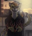  2022 angiewolf anthro blurred_background bottomwear clothing crossed_legs felid hoodie inner_ear_fluff leopard looking_at_viewer male mammal open_mouth pantherine pants sitting solo tongue tongue_out topwear tuft 