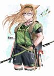  1girl absurdres animal_ears arknights backpack bag bagpipe_(arknights) black_collar black_legwear black_shorts blonde_hair brown_bag cameo casual character_name charm_(object) clothes_writing collar cowboy_shot cropped_legs green_eyes green_hairband green_shirt hairband hand_in_pocket highres holding holding_stick horn_(arknights) jewelry long_hair necklace shirt shorts simple_background solo stick sunglasses t-shirt tail thighhighs white_background wind wireless_earphones wolf_ears wolf_girl wolf_tail zuo_daoxing 