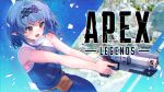  1girl absurdres apex_legends b3_wingman bangs belt blue_dress braid breasts brown_belt copyright_name dress duby_(vtuber) gun hair_behind_ear handgun highres holding holding_gun holding_weapon indie_virtual_youtuber logo mofumofu_(mofuevening) pointy_ears pouch revolver short_hair side_braid sleeveless sleeveless_dress small_breasts storm_point_(apex_legends) v-shaped_eyebrows virtual_youtuber weapon yellow_eyes 