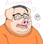  ?! after_transformation anthro black_hair bodily_fluids buta_ou clothed clothing dewlap_(anatomy) dialogue domestic_pig double_chin english_text eyewear glasses hair human implied_transformation male mammal open_mouth overweight overweight_anthro overweight_male simple_background solo suid suina sus_(pig) sweat sweatdrop text tongue transformation tusks white_background 