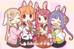  4girls :d :o animal_ears anmitsu_(magenta) black_sailor_collar black_skirt blonde_hair blue_eyes blue_necktie blue_skirt blush braid buttons carrot closed_mouth collared_shirt cropped_legs double_bun eating english_text eyebrows_visible_through_hair facing_another flower food fur-trimmed_sleeves fur_trim green_hoodie green_sailor_collar green_skirt hair_flower hair_ornament hand_on_another&#039;s_shoulder happy heart himuro_rabi holding holding_carrot hood hood_down hoodie kurusu_alexandra long_hair long_sleeves looking_at_another magia_record:_mahou_shoujo_madoka_magica_gaiden mahou_shoujo_madoka_magica miura_asahi multiple_girls neck_ribbon neckerchief necktie no_nose open_mouth orange_hair orange_skirt outstretched_arm parted_lips pink_background pink_eyes pink_sweater plaid plaid_skirt pleated_skirt pocket purple_hair rabbit_ears rabbit_tail red_hair red_neckerchief ribbon sailor_collar school_uniform scrunchie serafuku shirt short_hair sidelocks skirt smile sweater tail twin_braids vegetable white_shirt wing_collar yellow_scrunchie yellow_shirt yukuni_academy_school_uniform yume_ulala yunohana_international_school_uniform 