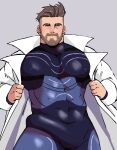  1boy bara black_bodysuit bodysuit bulge covered_nipples erection erection_under_clothes facial_hair highres labcoat large_pectorals looking_at_viewer male_focus manly muscular muscular_male open_labcoat pectorals pokemon pokemon_(game) pokemon_sv purple_bodysuit short_hair solo turo_(pokemon) two-tone_bodysuit undercut upper_body wickedsturdy 