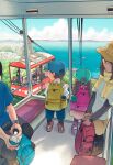 bag blue_sky child cloud commentary_request day eyewear_on_head female_child from_above from_behind fujiwara_yoshito highres horizon lake looking_down male_child multiple_boys multiple_girls original outdoors scenery school_bag sky water 