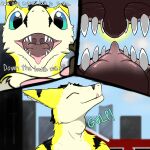  1:1 anthro black_stripes carbonicedragon city dialogue english_text first_person_view group hi_res inside_mouth macro macro_pred mouth_shot open_mouth sergal stripes swallowing talking_to_viewer text vore yellow_body 