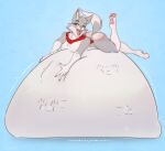  absurd_res anthro belly big_belly bodily_fluids breasts butt canid canine canis female footprint fur hand_on_stomach hi_res inner_ear_fluff lying mammal neck_tuft on_front open_mouth pawpads pawprint saliva scarf shimon_(artist) solo tongue tuft vore wolf wolf_wolfindeir 