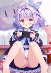  1girl absurdres bandaid bandaid_on_leg blush character_request copyright_request dot_nose eating fengshen_chino food highres holding nintendo_switch panties pocky sitting solo tagme underwear 