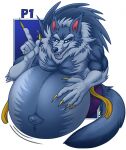  anthro belly big_belly blue_body blue_fur canid canine canis capcom character_select darkstalkers eggo21 fur hand_on_stomach hi_res jon_talbain male mammal navel outie_navel same_size_vore sharp_teeth teeth video_games vore were werecanid werecanine werewolf wolf 