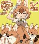  0322tentobi 1girl animal_ears closed_eyes creature_and_personification dated dhole dhole_(kemono_friends) dog_ears dog_girl dog_tail extra_ears highres japari_symbol kemono_friends kemono_friends_3 official_alternate_costume orange_hair salute short_hair skirt smile solo straight-arm_salute tail uniform 