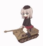  black_headwear black_jacket blue_eyes chibi garrison_cap girls_und_panzer grey_hair ground_vehicle hat highres itsumi_erika jacket kuromorimine_military_uniform long_hair military military_vehicle motor_vehicle panzerkampfwagen_panther red_skirt ri_(qrcode) riding simple_background skirt solo tank white_background 