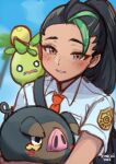  1girl black_hair blush brown_eyes dark_skin freckles green_hair highres lechonk multicolored_hair necktie nemona outdoors pokemon pokemon_(game) pokemon_sv school_uniform smolive temachii 