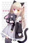  1girl animal_ear_fluff animal_ears bangs black_jacket black_legwear blush brown_eyes brown_hair cat_ears cat_girl cat_tail closed_mouth commentary_request dress eyebrows_visible_through_hair frilled_dress frills grey_dress hair_ornament heart heart_hair_ornament heterochromia highres jacket long_hair long_sleeves looking_at_viewer nakkar object_hug original puffy_long_sleeves puffy_sleeves purple_eyes ringlets signature sleeves_past_wrists solo stuffed_animal stuffed_bunny stuffed_toy tail thighhighs two_side_up very_long_hair 