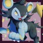  :d animal_focus commentary_request confetti fangs highres luxio no_humans open_mouth pokemon pokemon_(creature) signature smile solo tanpakuroom tongue yellow_eyes yellow_pupils 