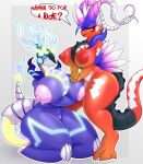  anthro areola big_breasts blush breast_size_difference breasts duo english_text feathers female female/female genitals hi_res horn huge_breasts huge_thighs kneeling koraidon legendary_pok&eacute;mon looking_at_viewer lysergide miraidon multicolored_body nintendo nipples nude open_mouth pink_nipples pok&eacute;mon pok&eacute;mon_(species) pussy question_mark red_nipples smile speech_bubble text thick_thighs video_games 