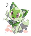  :d fangs flower full_body highres komame_(st_beans) musical_note no_humans open_mouth pink_flower pokemon pokemon_(creature) protected_link red_eyes sitting smile solo sprigatito symbol-only_commentary tongue 