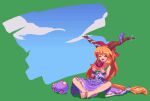  1girl :d bangs barefoot blue_sky bow closed_eyes cloud fangs food green_background hair_bow holding holding_food horn_ornament horn_ribbon horns ibuki_suika indian_style long_hair low-tied_long_hair open_mouth orange_hair pixel_art potemki11 purple_skirt red_bow ribbon ribbon-trimmed_skirt ribbon_trim shirt sitting skin_fangs skirt sky smile solo touhou very_long_hair watermelon_slice white_shirt wrist_cuffs 