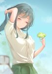  1girl adjusting_hair arm_up bad_hand blurry blurry_foreground closed_eyes clover_hair_ornament day green_skirt hair_ornament hair_ornament_removed highres kaesarionn long_hair outdoors shirt short_sleeves skirt smile solo sumi_suya virtual_youtuber white_shirt 