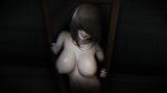  1girl bangs bare_shoulders black_hair black_nails breasts character_request collarbone completely_nude copyright_request grin hair_over_eyes inverted_nipples large_breasts linea_alba lips long_hair nail_polish navel nipples nude nyatokanyaru smile solo through_mirror upper_body 