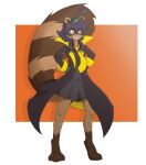  big_tail black_body black_clothing bottomwear brown_body brown_fur brown_skin canid canine clothing coat exodia_(noldvano) female fur girly hair hands_on_hips looking_at_viewer mammal miniskirt necktie noldvano raccoon_dog short_hair simple_background skirt smile solo standing tanuki teeth topwear trenchcoat yellow_eyes 