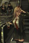  blonde_hair chainsaw_man character_request converse green_skirt highres instagram_username logo necktie open_mouth pink_hair power_(chainsaw_man) red_eyes salute sitting sitting_on_stairs skirt stairs taeics twitter_username 
