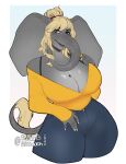  accessory anthro big_breasts big_ears blonde_hair blue_eyes bottomwear breasts cleavage clothed clothing denim denim_clothing elephant elephantid faye_(rockerbobo) female fully_clothed grey_body grey_skin hair hair_accessory hair_tie hi_res jeans lipstick looking_at_viewer makeup mammal markings mature_female mole_(marking) pants proboscidean smile solo sweetburn tail_tuft trunk tuft wide_hips 