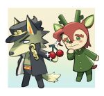  2boys animal_crossing animalization antlers bangs belt blush_stickers chain cherry colored_eyelashes deer_boy food fruit furry furry_male gakuran giving green_eyes grey_fur hand_on_own_cheek hand_on_own_face hat holding holding_food holding_fruit jacket jojo_no_kimyou_na_bouken kakyoin_noriaki kujo_jotaro looking_away male_focus multiple_belts multiple_boys nori_(tiffanytsaiyyy) red_fur school_uniform slit_pupils smile sparkle stardust_crusaders v-shaped_eyebrows wolf_boy yaoi 