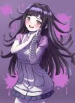  1girl :d apron bandaged_arm bandages bangs black_skirt blush brown_eyes collared_shirt commentary_request cowboy_shot danganronpa_(series) danganronpa_2:_goodbye_despair grey_background highres long_hair looking_at_viewer messy_hair open_mouth panpaasu pink_background pleated_skirt puffy_short_sleeves puffy_sleeves shiny shiny_hair shirt short_sleeves skirt smile solo teeth tsumiki_mikan upper_teeth 