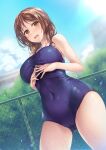  1girl blue_sky blue_swimsuit breasts brown_eyes brown_hair chain-link_fence cloud commentary_request covered_navel cowboy_shot dutch_angle fence highres large_breasts looking_at_viewer massan original own_hands_clasped own_hands_together school_swimsuit short_hair sky solo standing swimsuit 