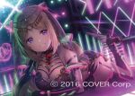  1girl aki_rosenthal bangs black_gloves black_legwear breasts brown_hair chihiro_ayaka circlet elbow_gloves feet_up full_body garter_straps gloves grin high_heels hololive large_breasts long_hair looking_at_viewer lying neon_lights official_art on_stomach parted_bangs purple_eyes see-through smile solo thighhighs veil virtual_youtuber 